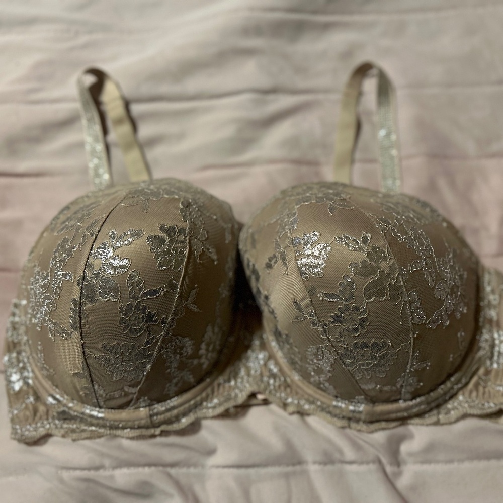 Victoria's Secret Dream Angels Lined Demi Silver Lace 38DDD Back Closure Bra
